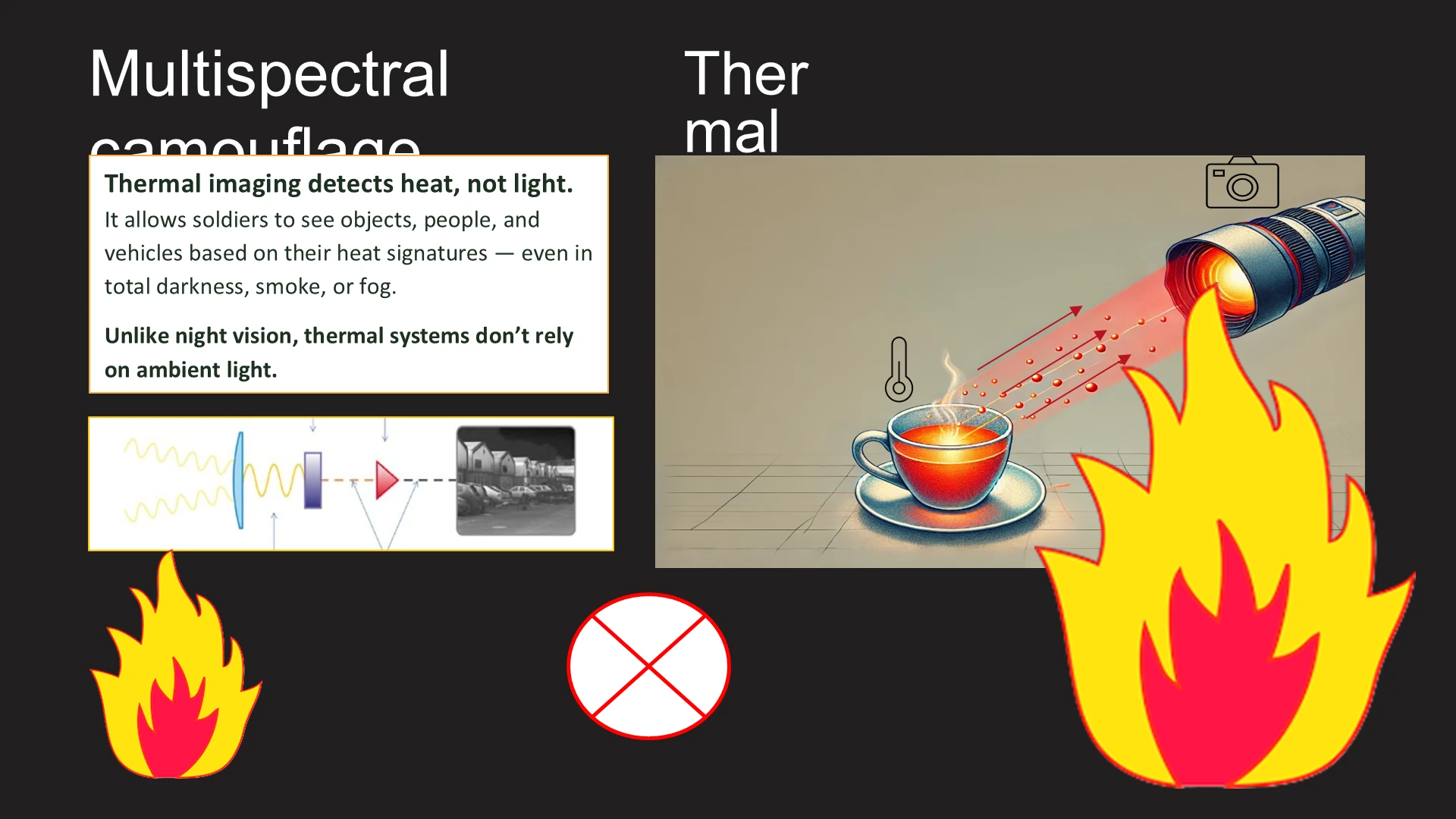 Multispectral camouflage Thermal Thermal imaging detects heat, not light. It allows soldie מתוך המצגת דרכים לגילוי רחפנים