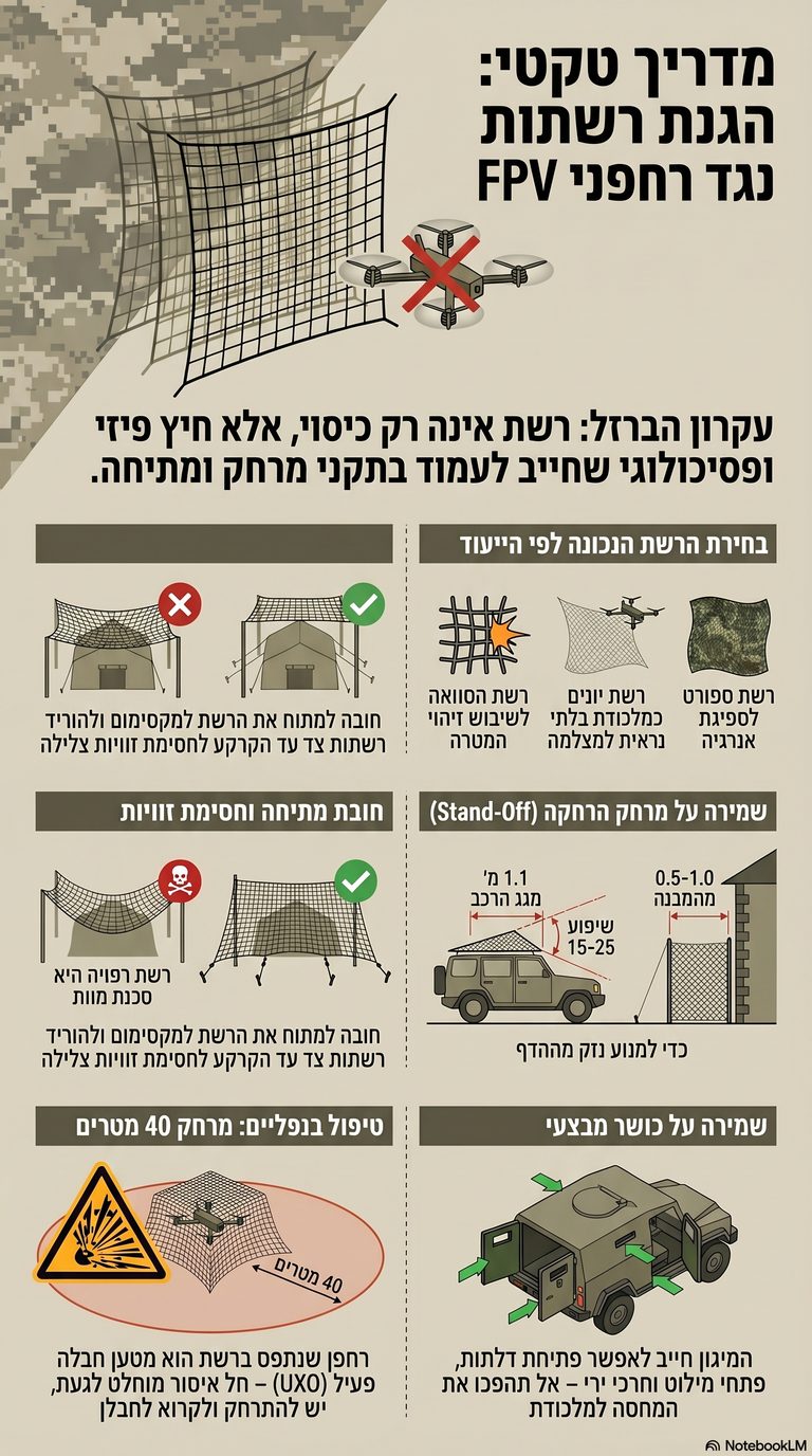תרשים בעברית: מדריך טקטי להגנת רשתות נגד רחפני FPV, כולל בחירת רשת, עיקרון ההרחקה, מתיחה, חסימת זוויות, טיפול בנפלים ושמירה על כושר מבצעי